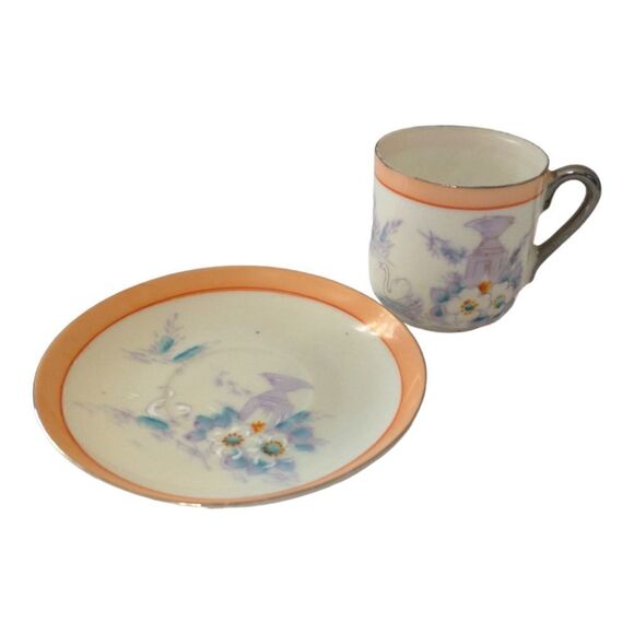 Lustreware Demitasse Espresso Cup Saucer Hotta Yu Shoten Moriage Swans Floral. - Picture 5 of 16